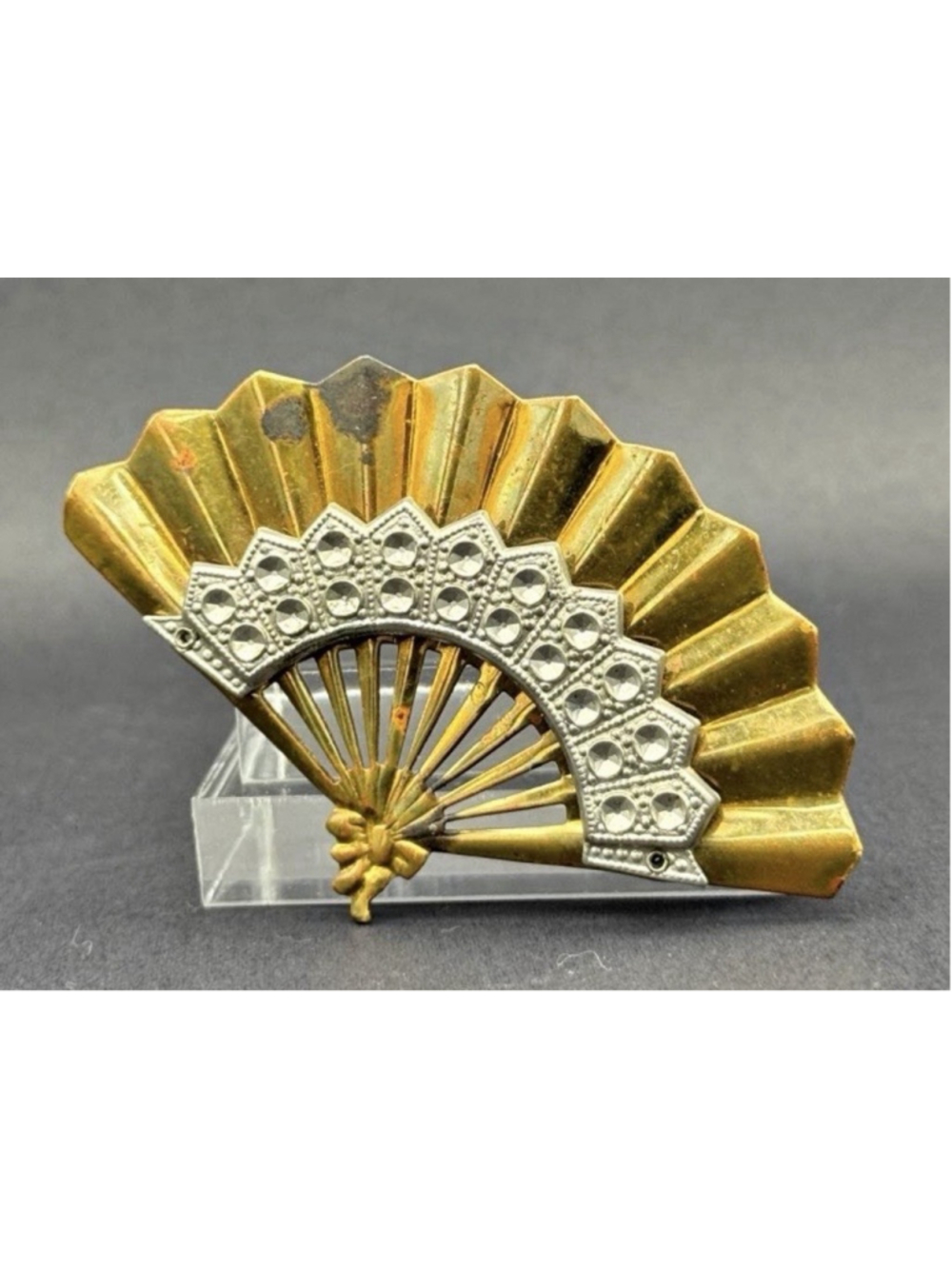Vintage Gold Tone Folding Fan Brooch Clear Rhinestones Costume Jewelry